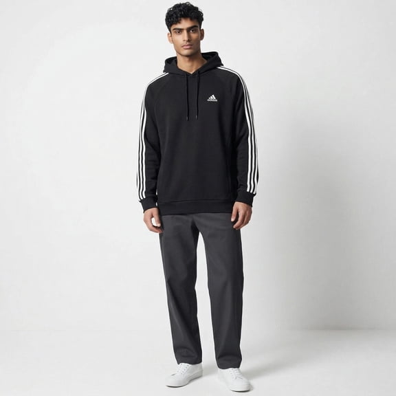 Adidas Sport Multi Mens 3-Stripe Fleece Pullover Hoodie Size L Black White