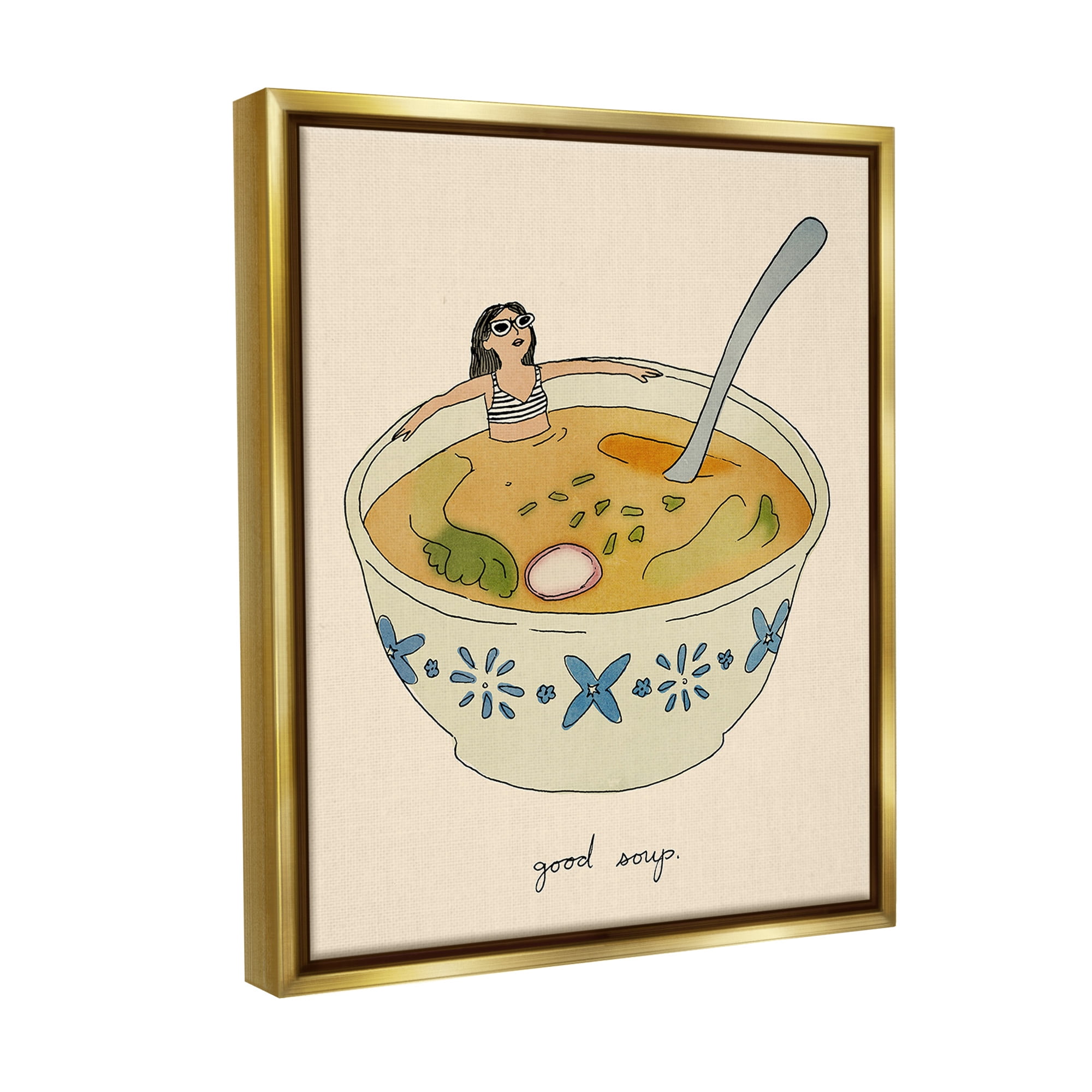 Stupell Industries Girl Bathing in Soup Food & Beverage Painting Gold Floater Framed Canvas Art Print Wall Art, 25 x 31
