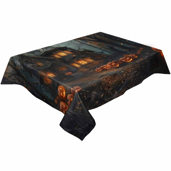 Halloween Cottage Rectangle Tablecloths 52x70,Fall Autumn Retro Forest Castle Pumpkin Table Cloth Table Cover Indoor/Outdoor Tabletop Decor for Wedding Holiday Party Dinner Baby Shower