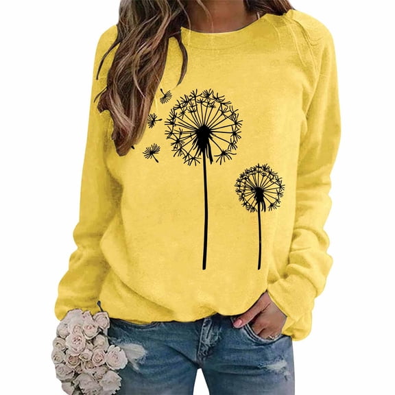 Womens Lightweight Sweatshirts Crewneck Pullover Tops Loose Casual Graphic Dandelion Printed Long Sleeve Fall Shirt (XL, Yellow 02)