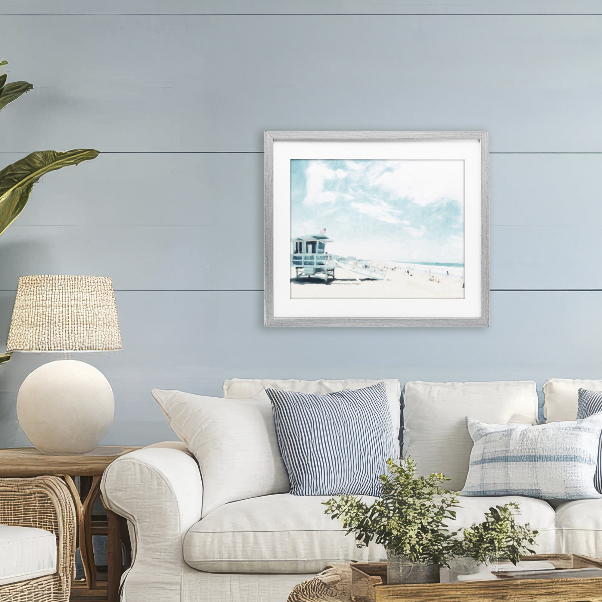 Stupell Industries Blue Beach Station Gray Framed Print Under Glass, design by Kim Curinga