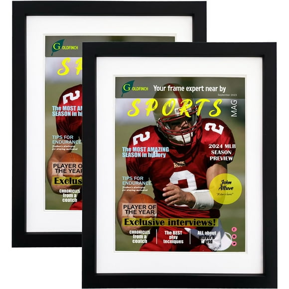 2 Packs Sports Magazine Frames Displays Magazines Measuring 8.5 x 11.25 or 8.25 x 11 inches with Double White Core Matting, Deep Frame Moulding, with Installed Hanger