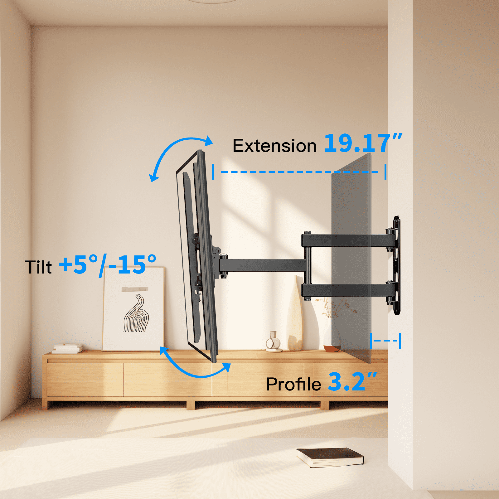 MountFTV Full Motion  Long Arm TV Wall Mount for 26-65 inch TVs,  with 19.17 inch Extension,Holds up to 88 lbs,Corner Articulating TV Mount Bracket,Max 400x400mm