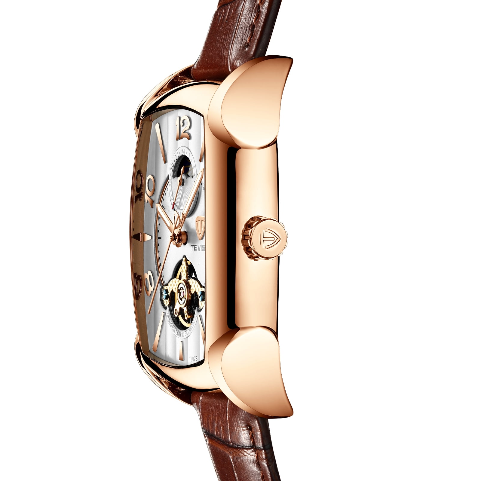 Mens Rose Gold White Face Moon Phase Automatic Mechanical Watch Brown Leather in Nepal at NPR 12131 Rating 5