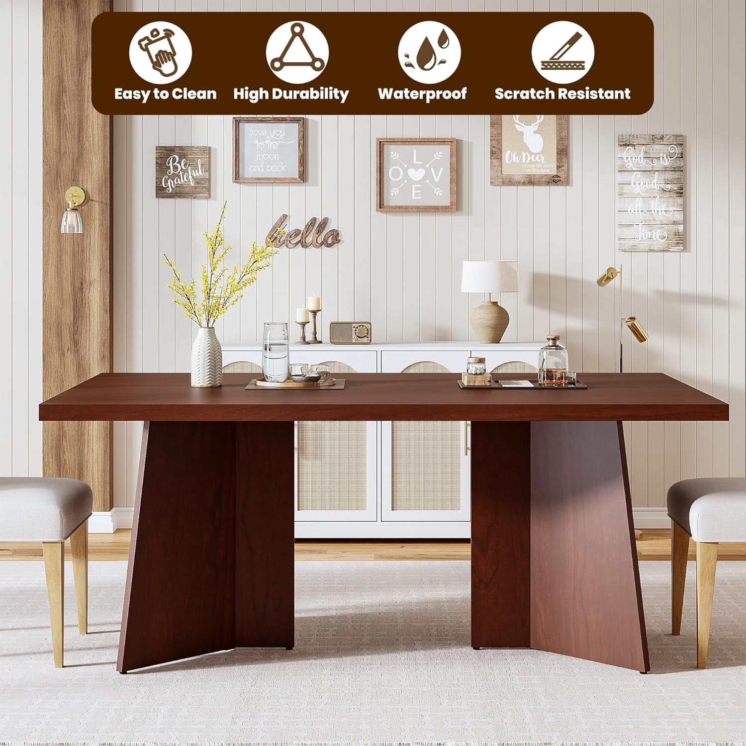 Dining Table for 6-8 People - 63" Modern Long Kitchen Table with Large Tabletop & Heavy Duty Pedestal Legs, Dinner Table for Kitchen, Conference Room, Home, Walnut