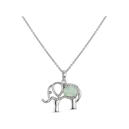 Oval Shaped Opal Pendant Sterling Silver Rhodium Plated Oval Created Opal And Created White Sapphire Elephant Pendant Necklace 18 Inches ()