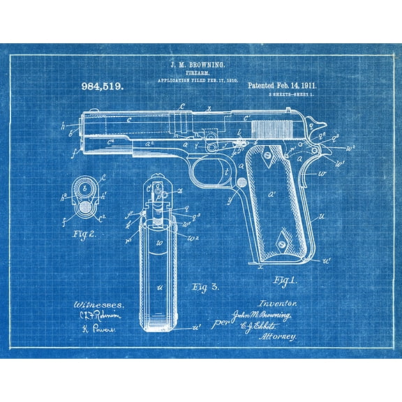 Original Browning Firearm Artwork Submitted In 1911 - Guns - Patent Art Print