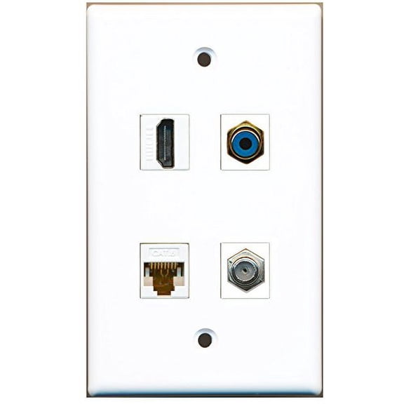 RiteAV - 1 Port HDMI 1 Port RCA Blue 1 Port Coax Cable TV- F-Type 1 Port Cat6 Ethernet White Wall Plate