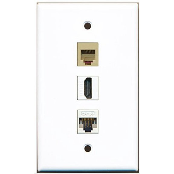 RiteAV - 1 Port HDMI 1 Phone RJ11 RJ12 Beige 1 Cat5e Ethernet White Wall Plate
