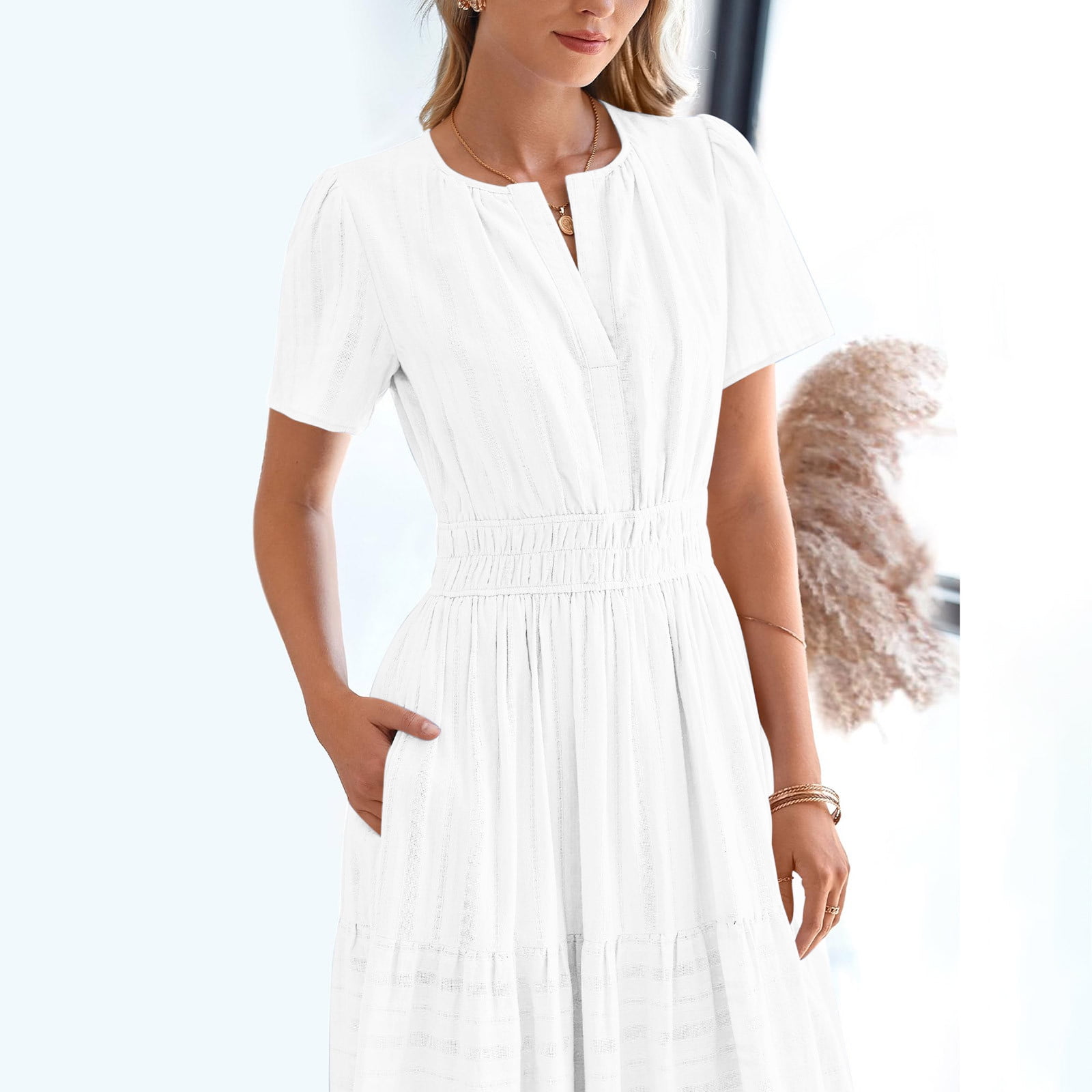 Lorytime Womens Midi Dresses with Short Sleeves White Summer Calf Length Dresses Pleated Tiered Hawaiian Flowy Coverup Solid V Neck Dress Casual Resortwear Stylish Clothes 2XL