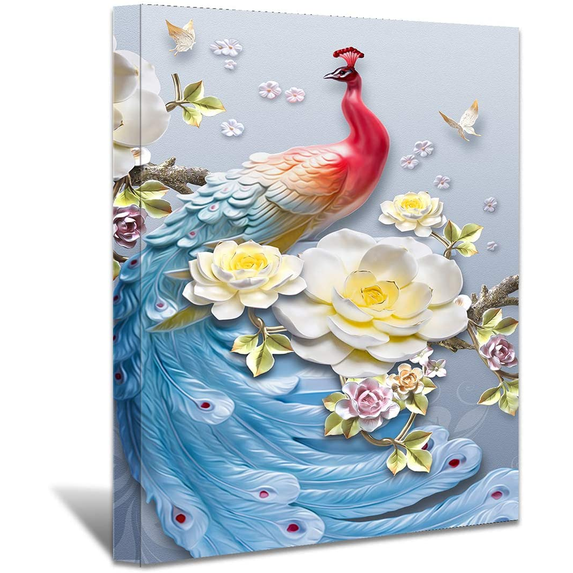 Rosework Framed Canvas Wall Art, 16x24 Inch, Changing Color Peacock, Made In USA