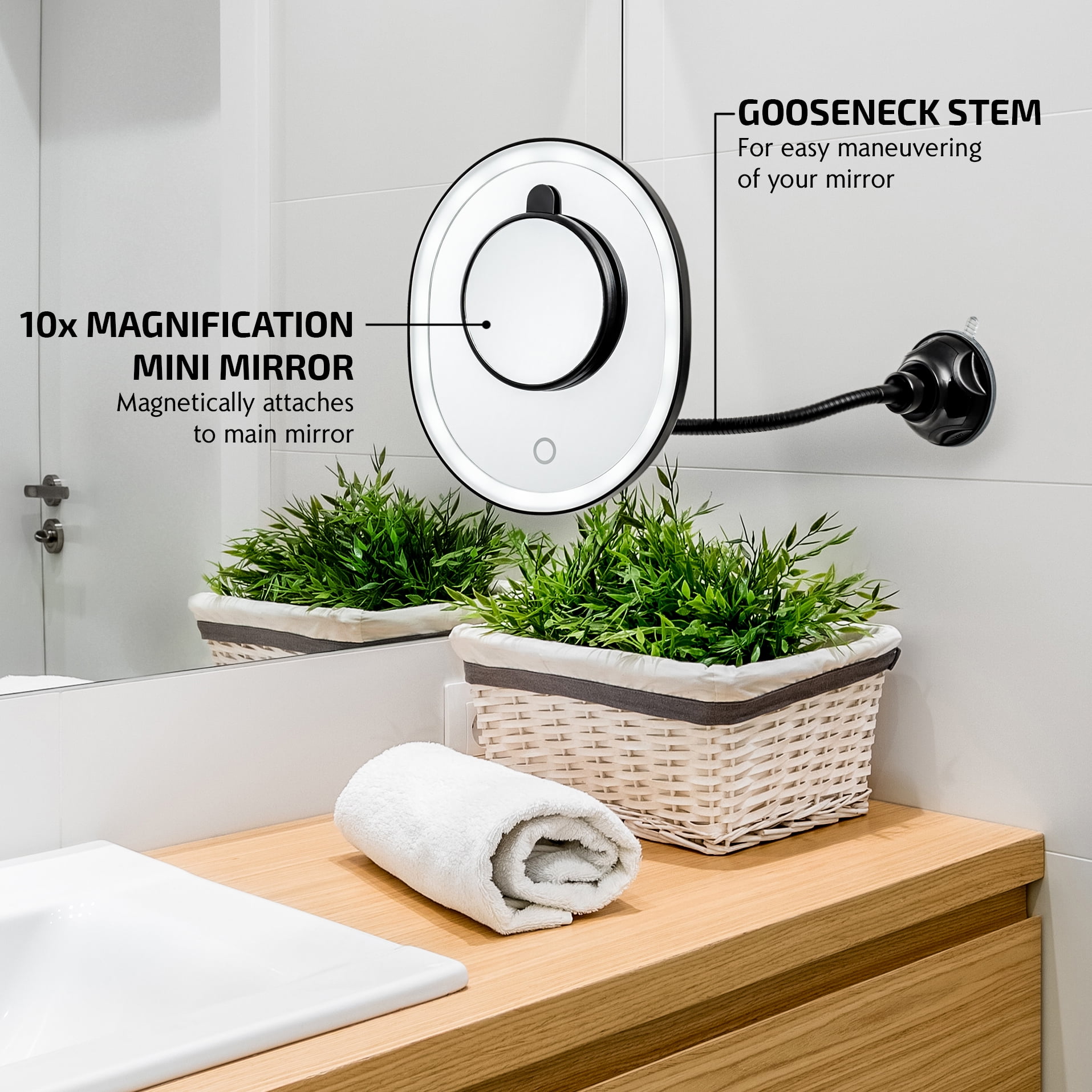 Ovente 8.5'' Lighted Makeup Mirror, Rechargeable Swivel Gooseneck with Attachable Suction Cup Mount, 10X Magnetic Mini Magnifier, Dimmable LED, for Bathroom, Home & Travel, USB Powered, Black MOW22B