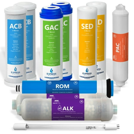 

Express Water – 1 Year Alkaline Ultraviolet Reverse Osmosis System Replacement Filter Set – 11 Filters with UV and 100 GPD RO Membrane – 10 inch Size Water Filters