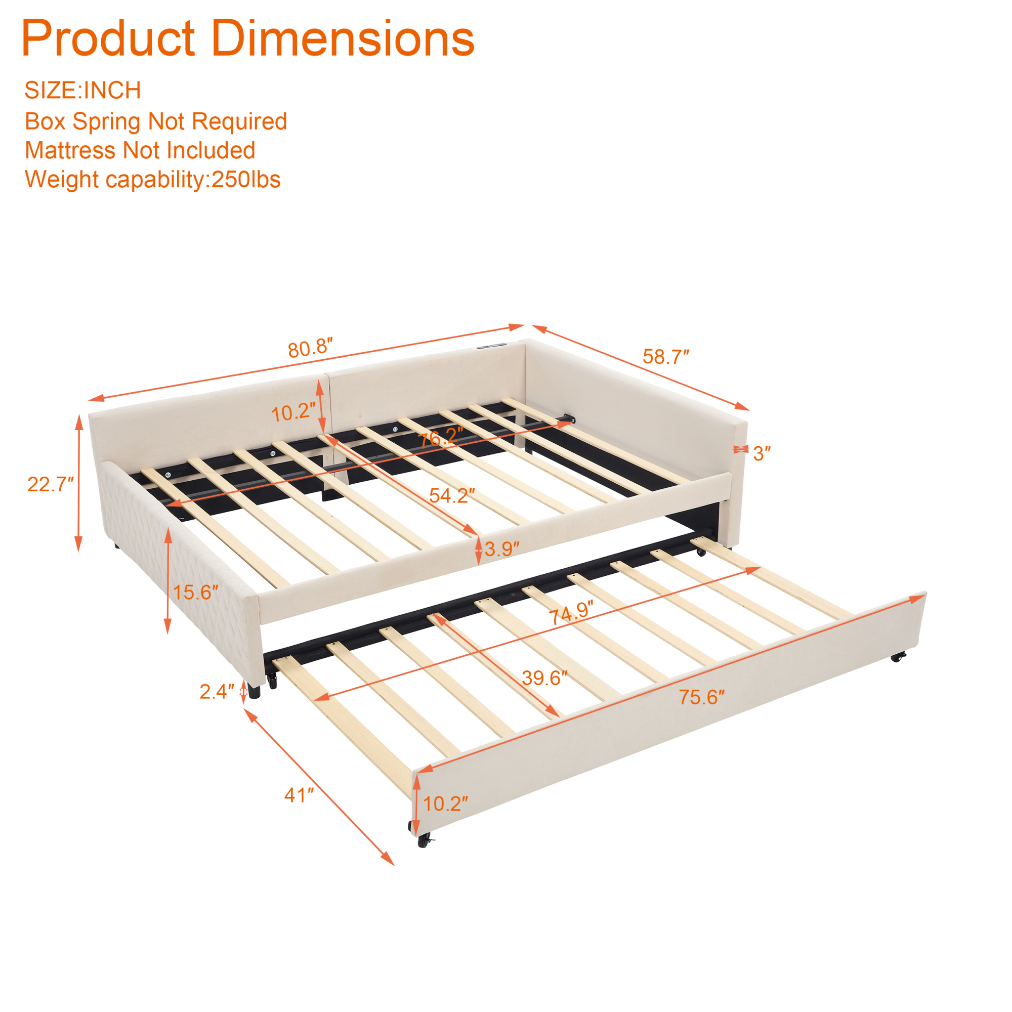 Leumius Upholstered Daybed with Trundle,Sturdy Wooden Bed Frame, Modern Diamond Grid Design for Bedroom Guest Room (Beige)