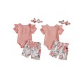 thumbnail image 2 of BemeyourBBs Newborn Baby Girl Summer Outfits Cute Infant Baby Girl Clothes Solid Color Ribbed Knit Short Sleeve Romper Front Bow Floral Cow Print Shorts Set Headband 3Pcs, 2 of 9