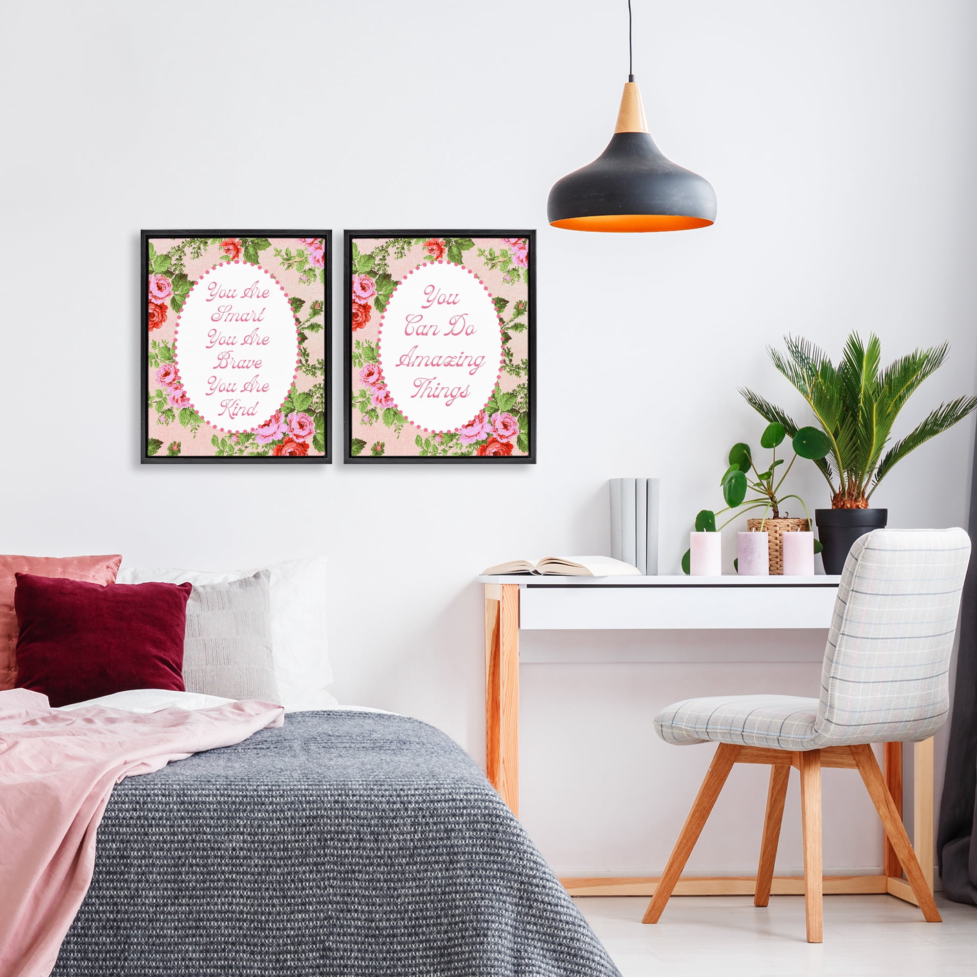 Stupell Industries Inspirations with Vintage Florals 2 Piece Black Framed Floater Canvas Set, design by Lil' Rue