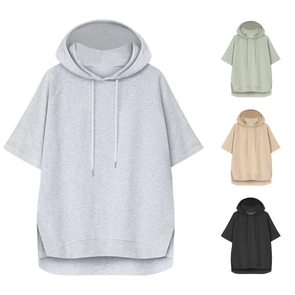 HCYSFG Womens Solid Color Hoodies Hooded Short Sleeve Drawstring Side Slit Loose Fit Pullover Sweatshirts Casual Tops