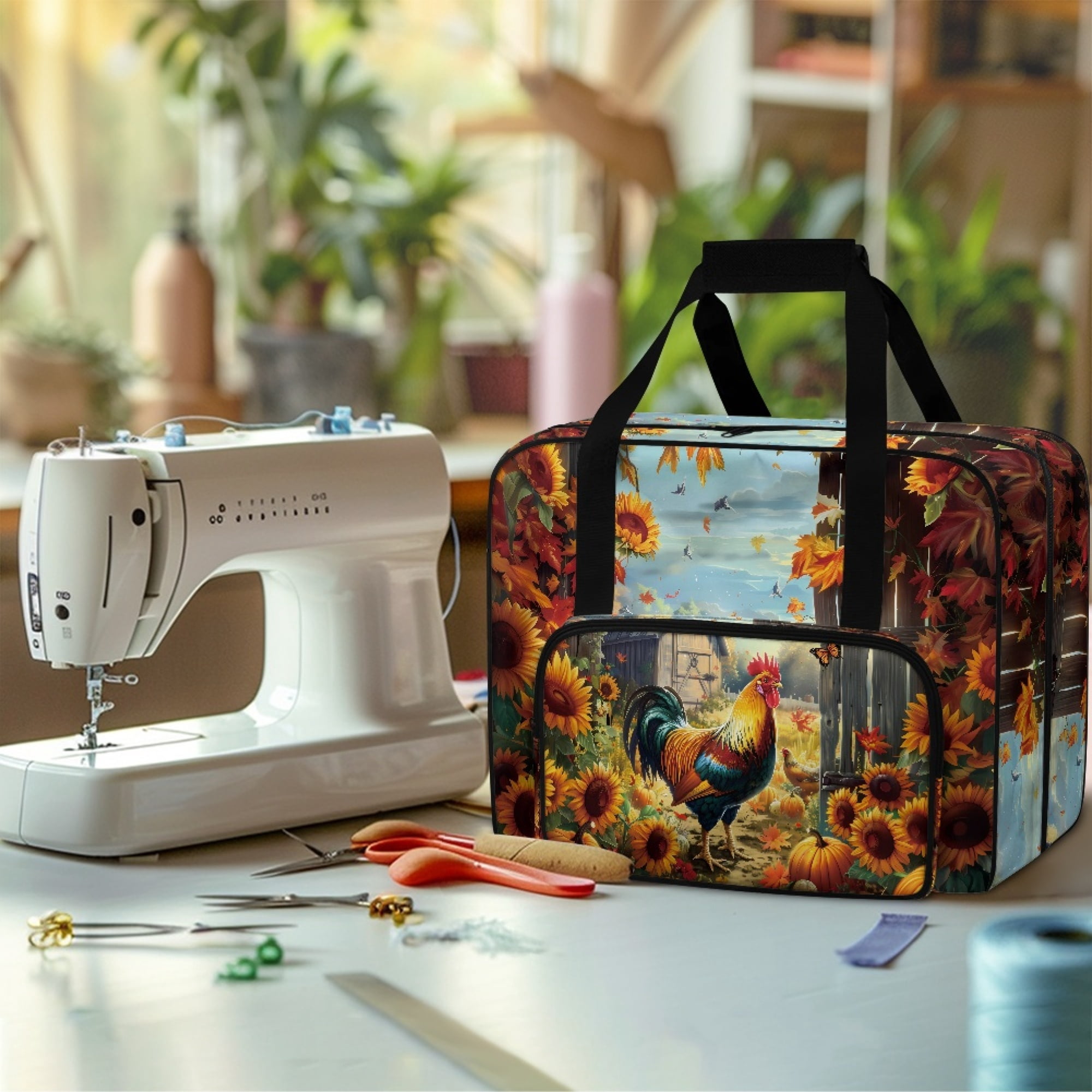 ZIATUBLE Cock Sunflower Portable Carrying Totes Pumpkin Traveling Bag with Zipper Carry Case with Storage Pockets and Handles with Storage Pocket Portable Sewing Machine Handbag