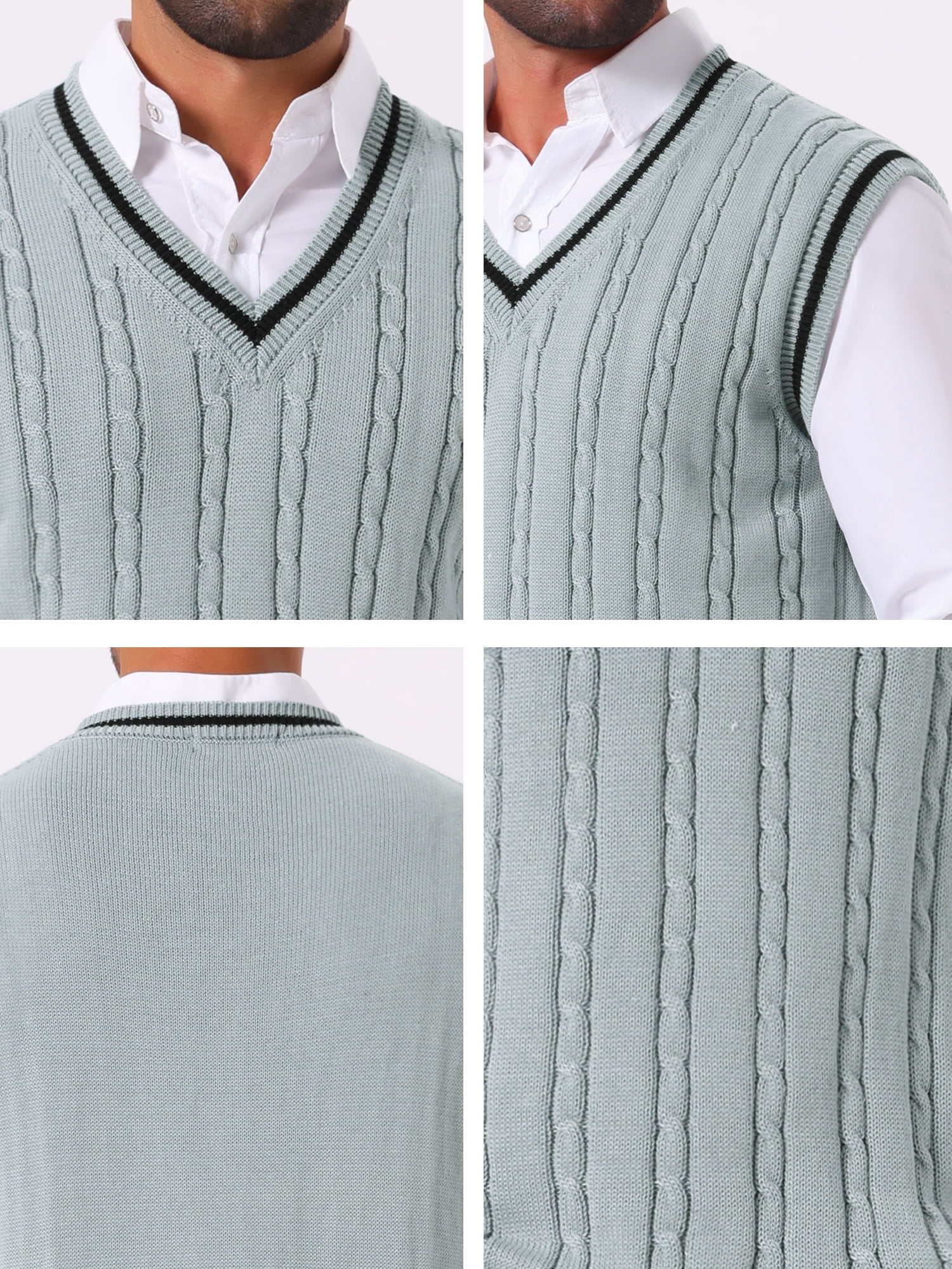 DARING DIVA Men's Solid Color V-Neck Sleeveless Cable Knitted Sweater Vest XL Light Gray
