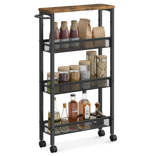 Carrito delgado con ruedas VASAGLE de 4 niveles para almacenamiento estrecho, color marrón rústico