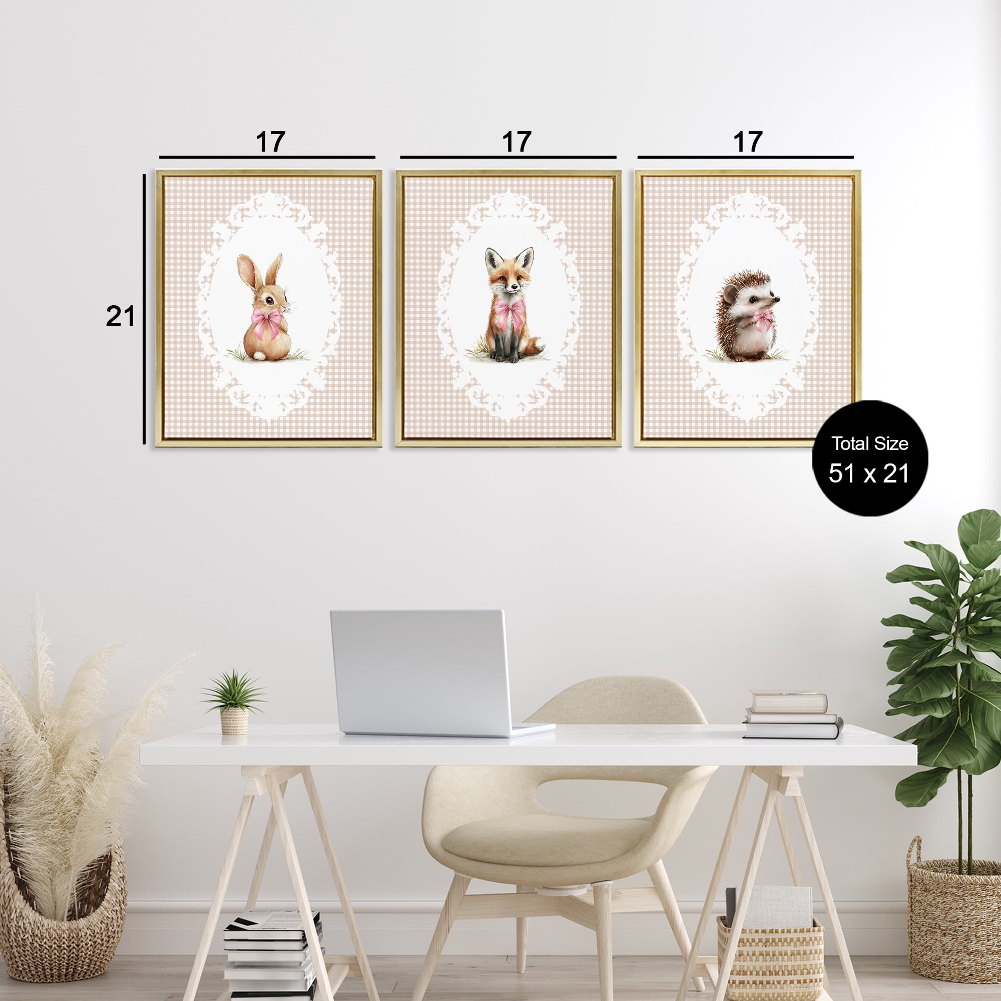 Stupell Industries Vintage Baby Bow Animals 3 Piece Gold Framed Floater Canvas Set, design by Christine Simpson Art