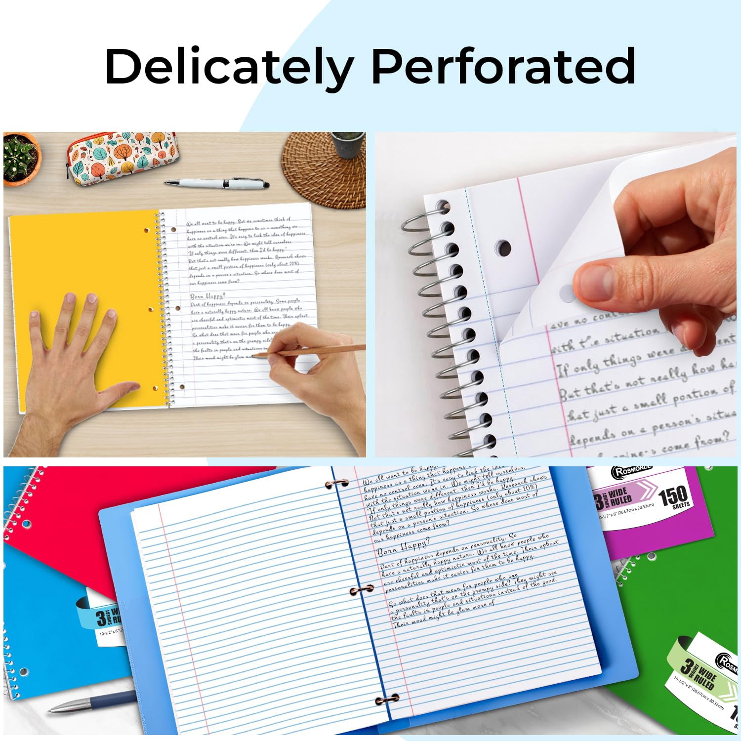Rosmonde Spiral Notebooks 12 Pack, 3 Subject, Wide Ruled, 150 Sheets (300 Pages), 8 x 10.5 in, 3 Hole Punched, Thick No Bleed Paper, Notebooks for School, Home & Office Use
