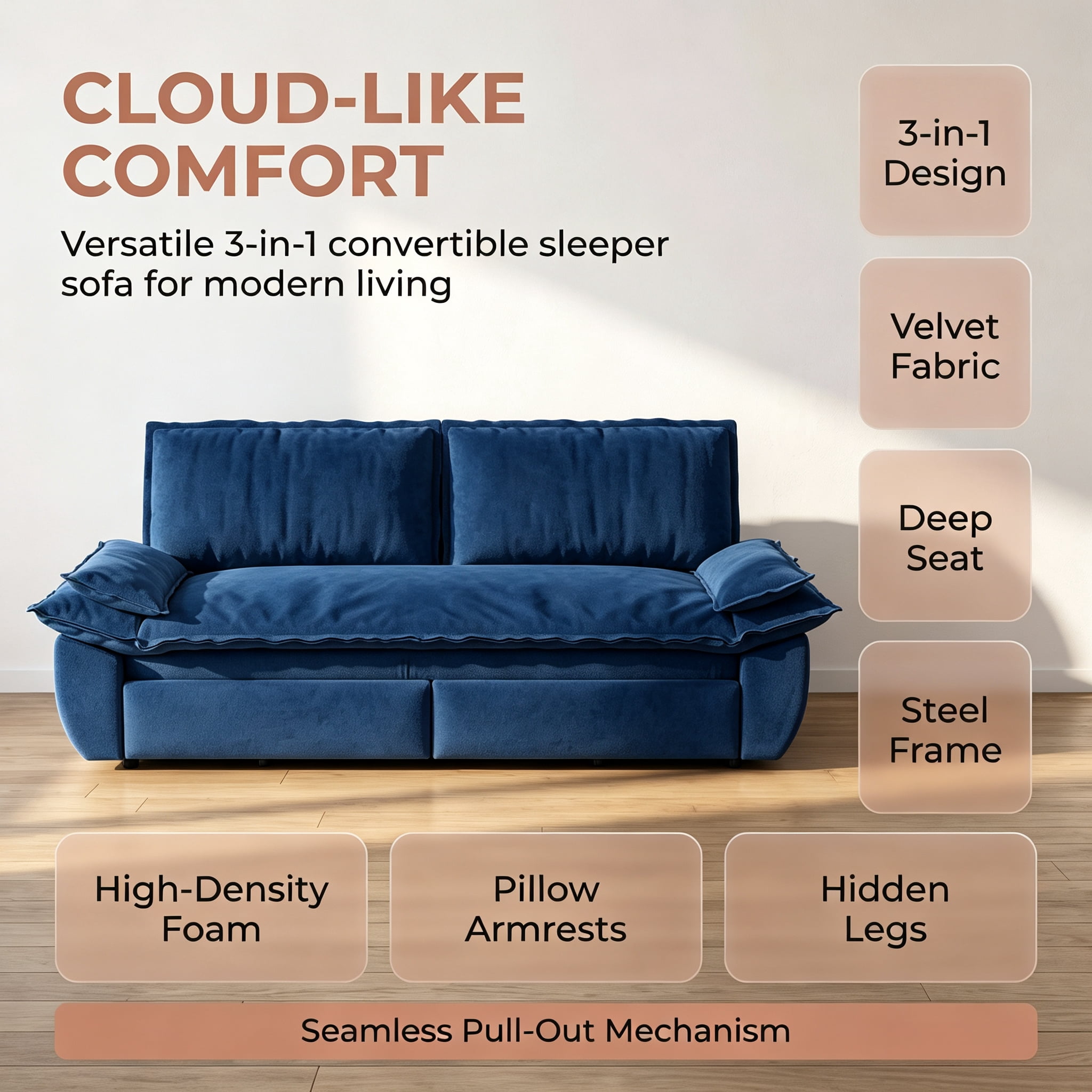 3-in-1 Queen Convertible Sleeper Sofa Bed, 73.2" Velvet Pull Out Couch with Extra Deep Seat & Pillow Top Armrests, Modern Folding Futon Lounge, Blue