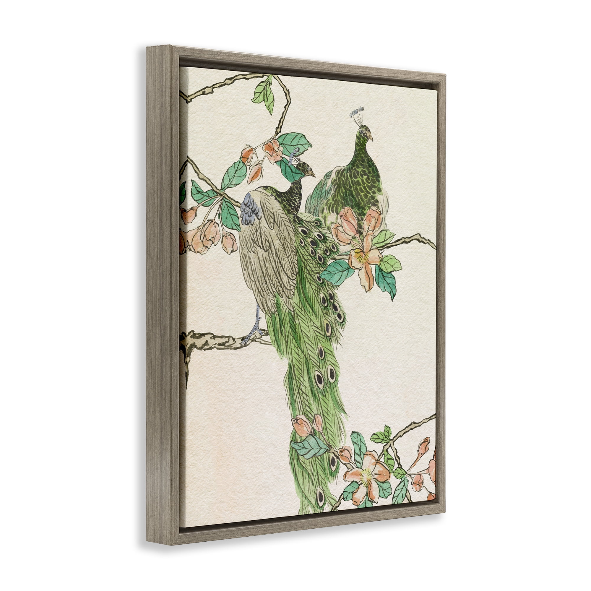 Stupell Industries Traditional Floral Peacock Animals & Insects Painting Brown Floater Framed Canvas Art Print Wall Art, 25 x 31