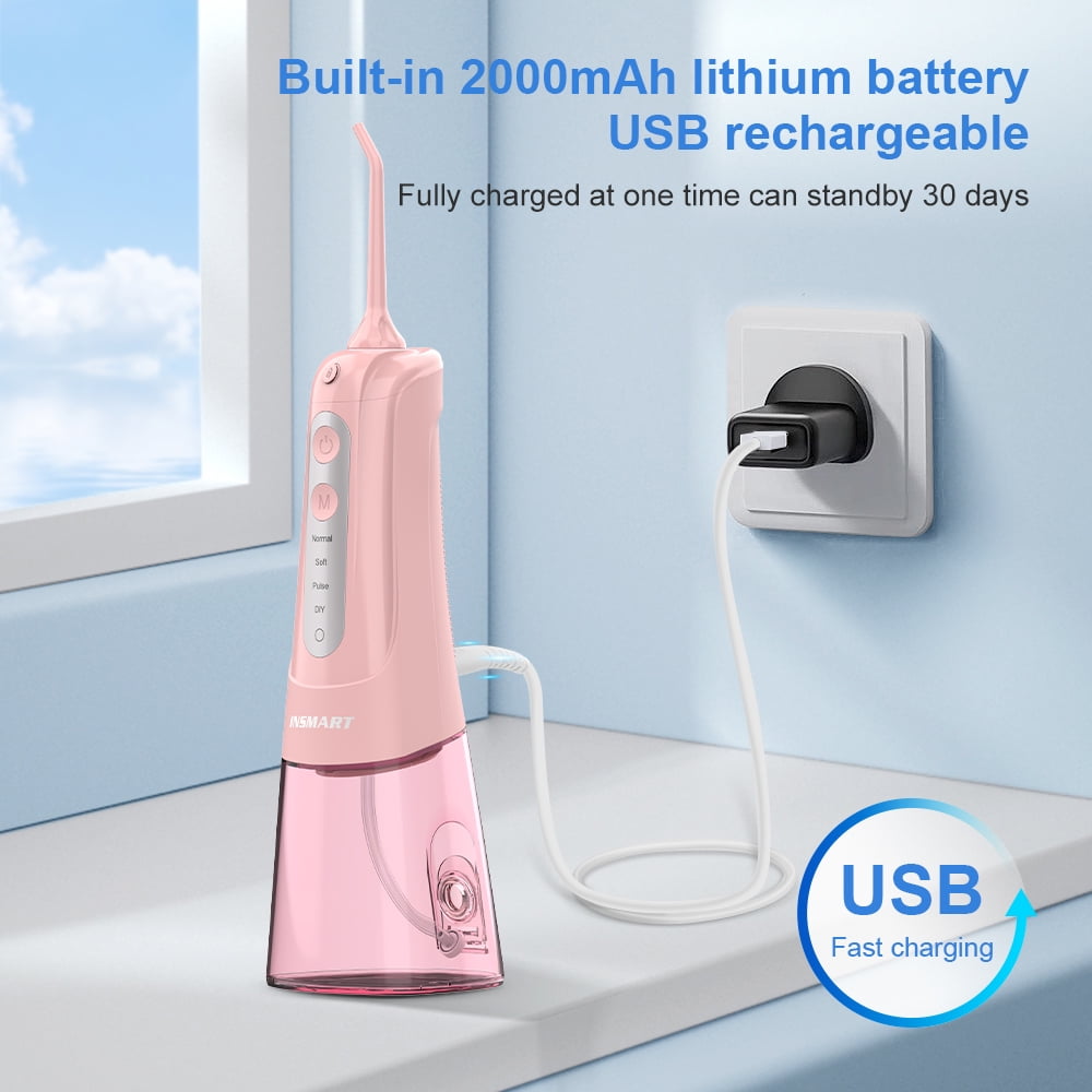 INSMART 300ML Cordless Water Flosser Dental Teeth Cleaner,DIY Mode USB Rechargeable Dental Oral Irrigator for Home and Travel, IPX7 Waterproof 4 Modes Irrigate for Oral Care