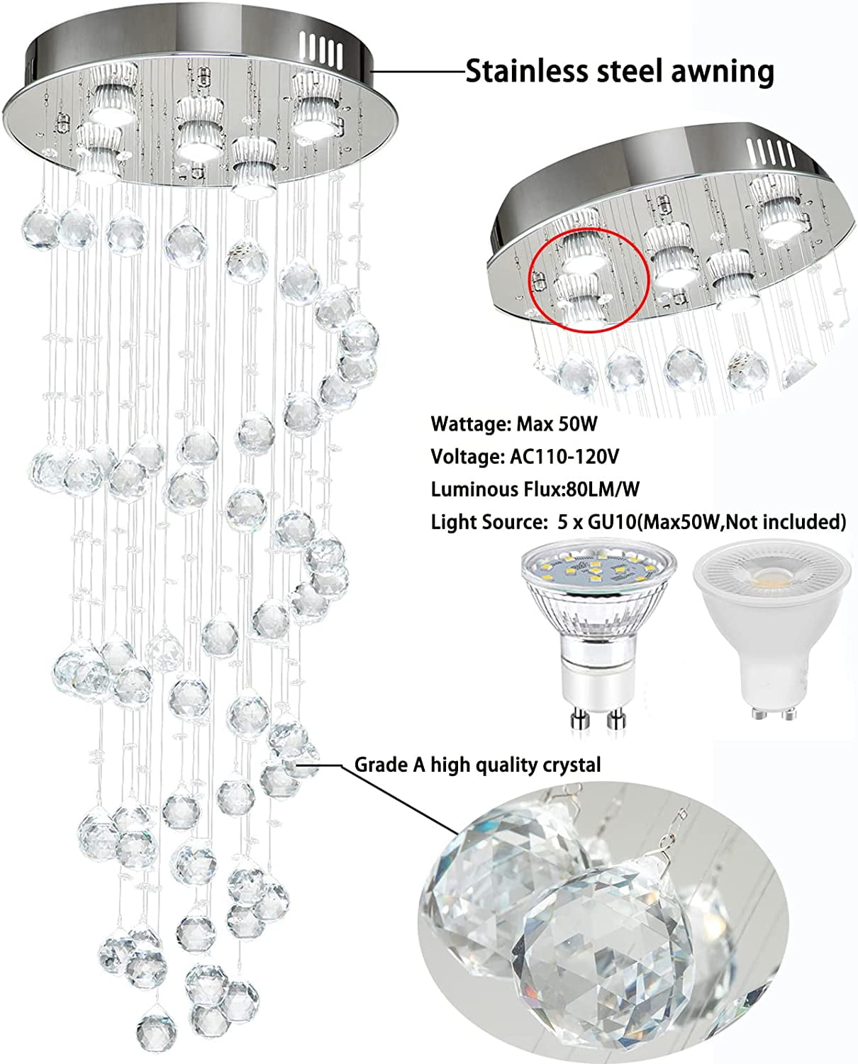 FETCOI Modern K9 Crystal Spiral Raindrop Chandelier - Flush Mount LED Ceiling Light Fixture Pendant Lamp for Dining Room Bathroom Bedroom Livingroom