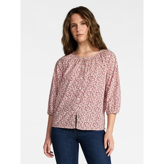Time and Tru Women's Cotton Button Front Blouse with ¾ Length Sleeves, Sizes XS-XXXL