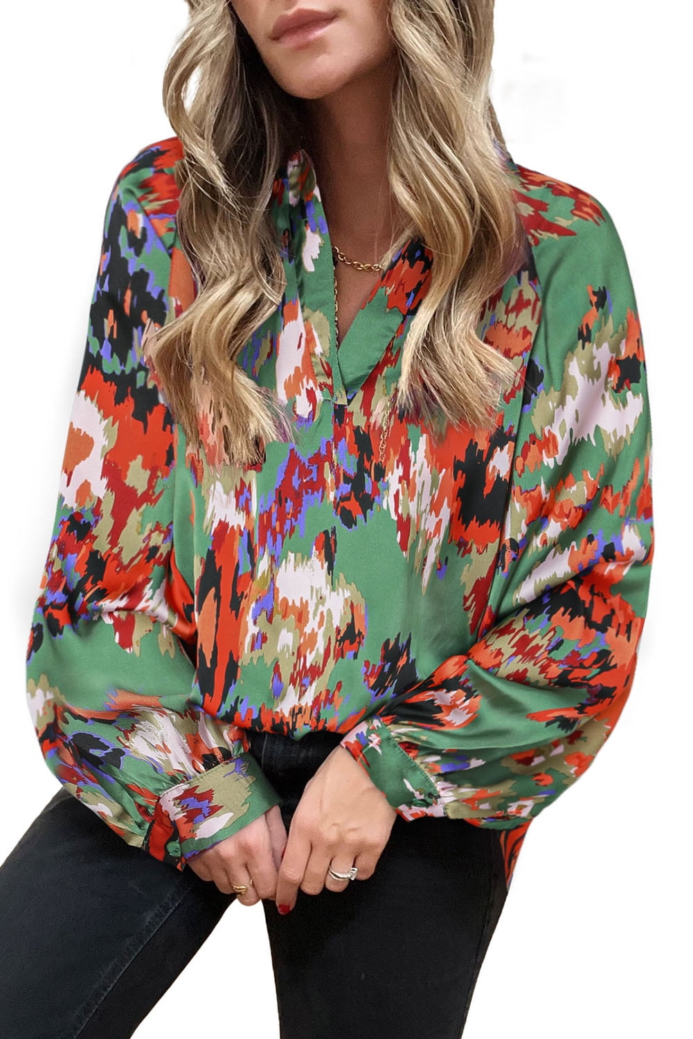 Astylish Womens Floral Blouses Summer Casual V Neck Shirt Lantern Long