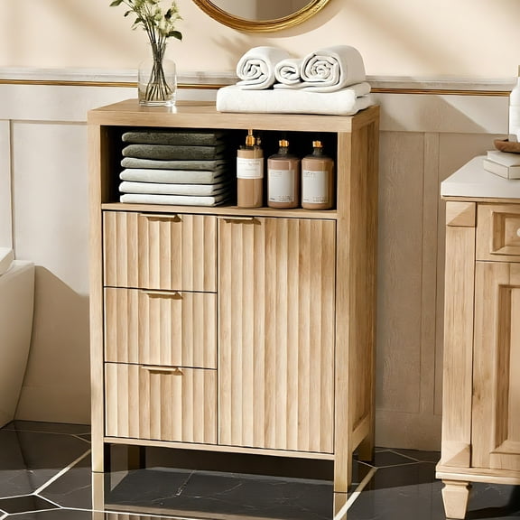 Ktaxon Fluted MDF Bathroom Floor Cabinet with Grille Single Door and Three Drawers, Oak