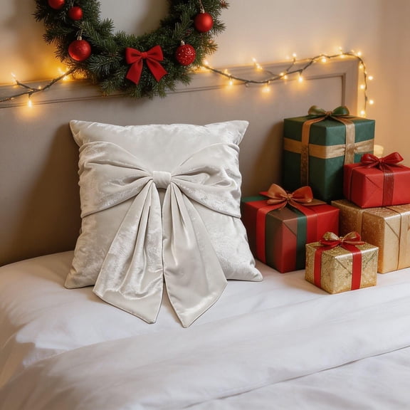 MMJ Throw Pillows Christmas Bow Plush Soft Decorative Cushion Couch Sofa Bed Holiday Accent 17.72in