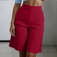 thumbnail image 6 of Rggeeun Women'S Shorts Solid Color Knee Length Elastic High Waist Wide Leg Loose Fit With Front Seam & Pleated For Holiday Beach Classic Bottoms,Red,S, 6 of 8
