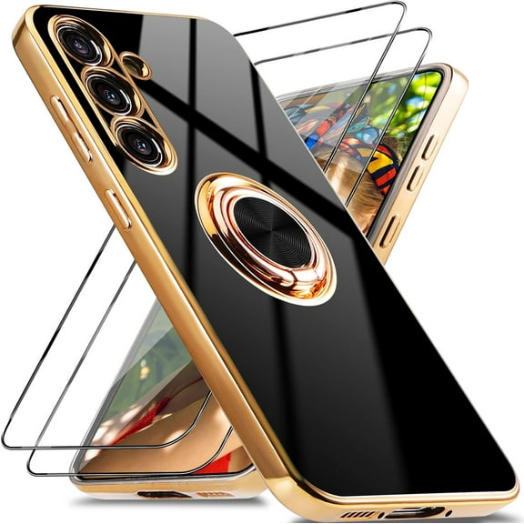 for Samsung Galaxy A54 5G Case with 2 Screen Protector, Built-in 360 Degree Rotation Ring Magnetic Stand, Luxury Shiny Plating Edge Shockproof Electroplated Protective Cover (Black/Golden)