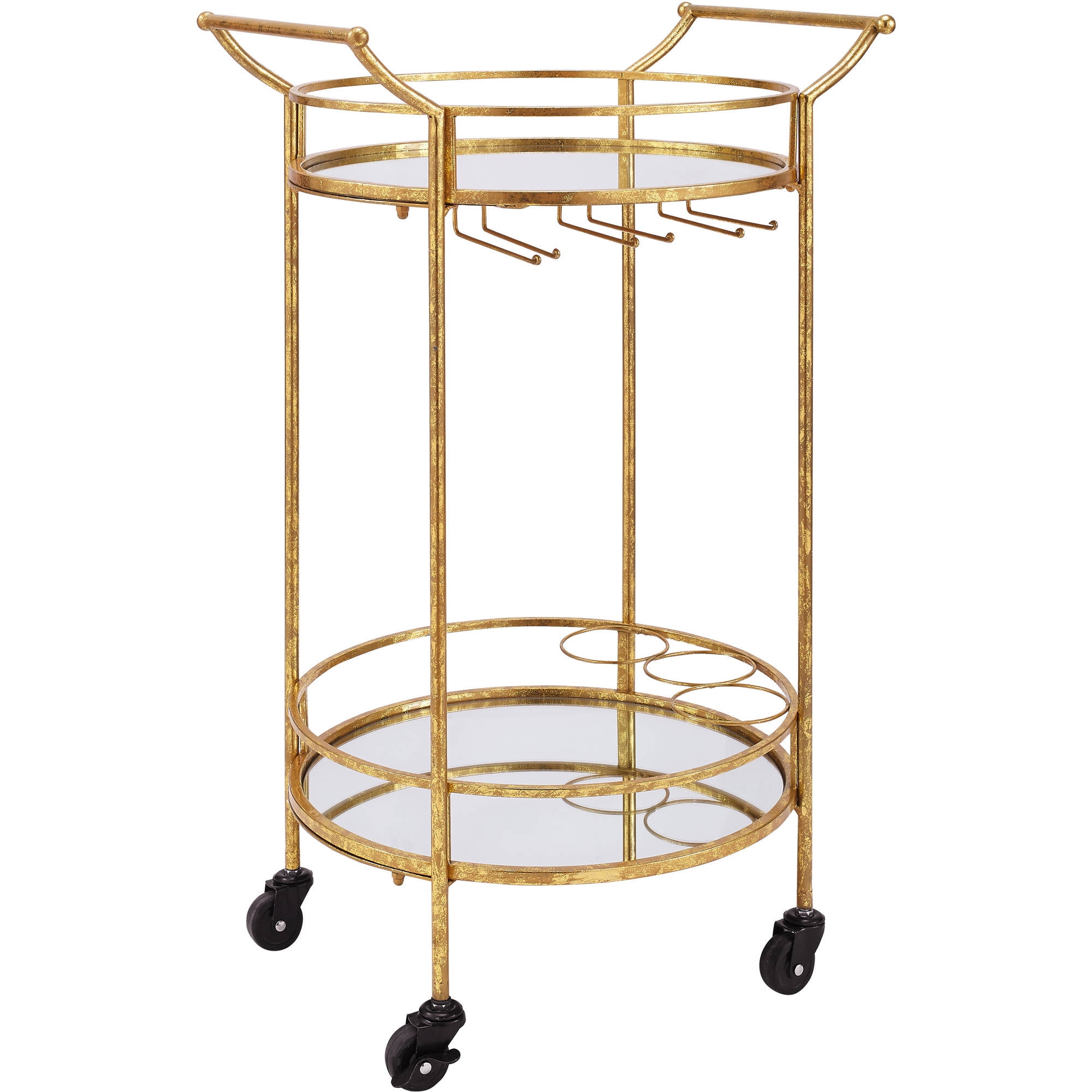 Linon Round Gold Metal Bar Cart 2 Shelves 3 Wine Holders