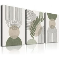 Sage Green Boho Wall Art Set of 3, Minimalist Framed Wall Art Geometric Line Leaf Sun Moon Beige Green Canvas Artwork Paintings, Abstract Botanical Boho Room Decor, Office, 12"x16"