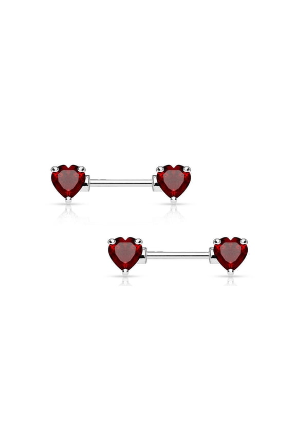 Pair of Double Heart Gem Nipple Rings Shields Barbells 14 Gauge 1/2" - 4 Colors