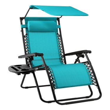 Outdoor Folding Zero Gravity Recliner, Patio Lounge Chair w/Adjustable Canopy Shade, Headrest, Side Accessory Tray, Textilene Mesh - Peacock Blue