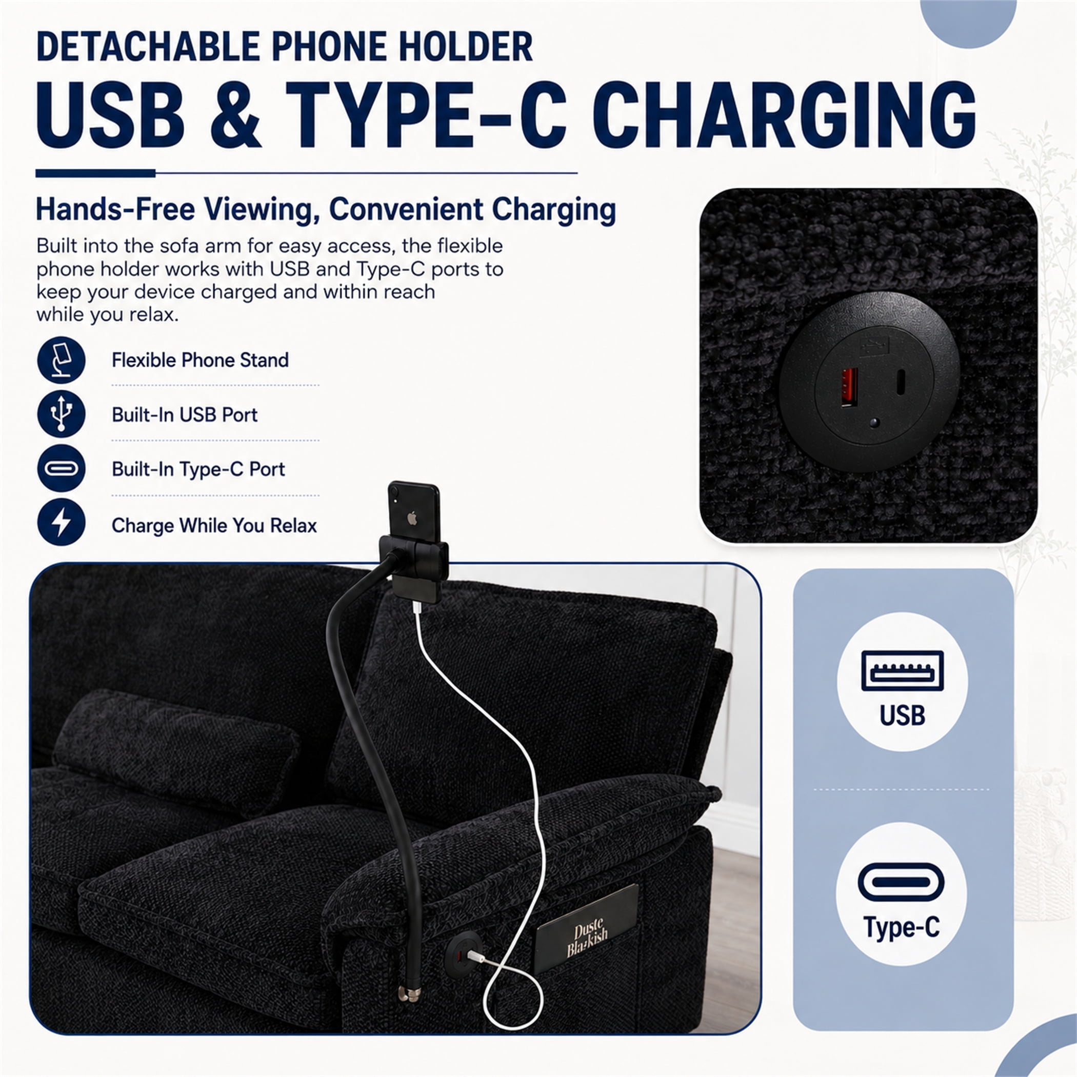 Aukfa 106" Sectional Sofa Deep Seat U shape Couch for Living Room, USB&Type-C Ports, 4 Lumbar Pillows, Storage Ottoman, Overstuffed Chenille, Black