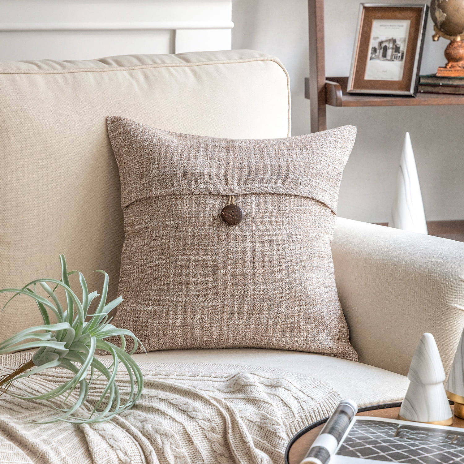 Phantoscope 20" x 20" Single Button Linen Farmhouse Decorative Throw Pillow, Beige