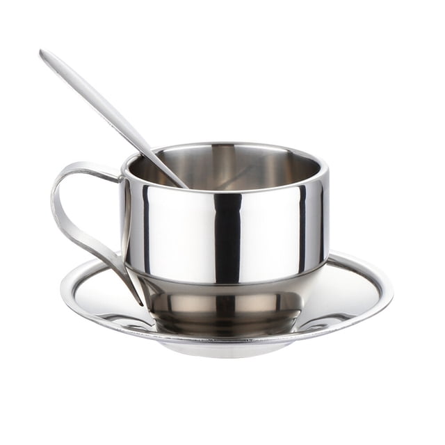 GOOHOCHY Juego de 3 tazas de té y café de acero inoxidable, exquisita vajilla, plato, cuchara, ideal para cafeterías caseras.