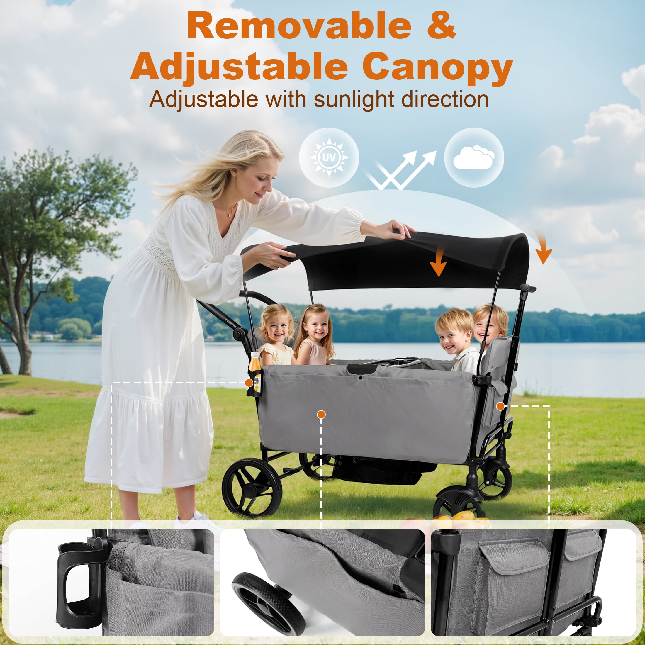 Vomeast Wagon Stroller for Kids,Spacious 4-Seater Stroller Wagon with Adjustable Canopy,Pull & Push Handle,5-Point Harness,Foldable for Toddlers, Gray