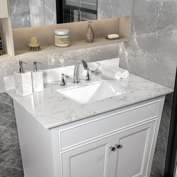 Leavader 31x22" Carrara White Engineered Stone Vanity Top with Undermount Ceramic Sink and Three