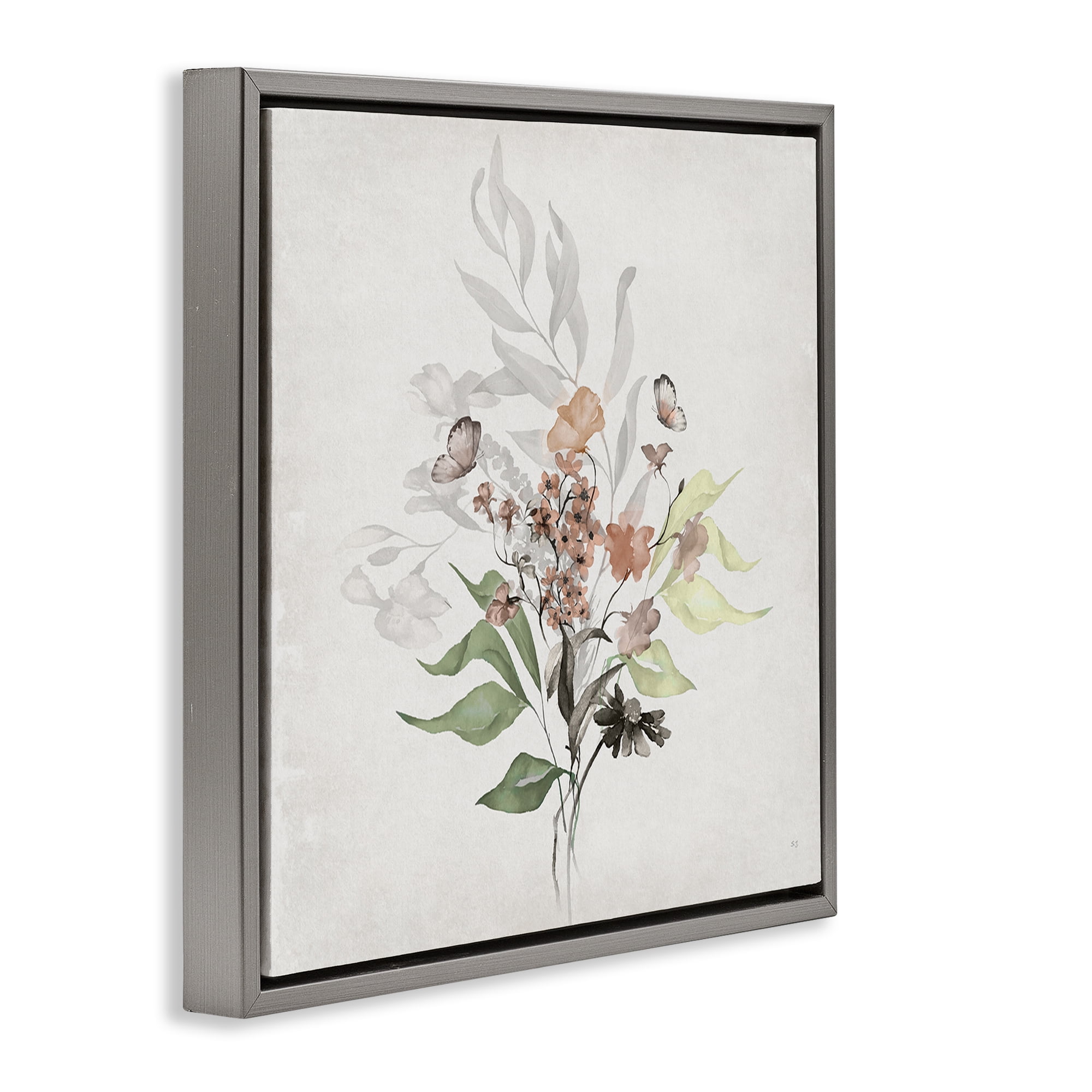 Stupell Industries Soft Florals & Butterfly Plants & Flowers Painting Gray Floater Framed Canvas Art Print Wall Art, 25 x 25