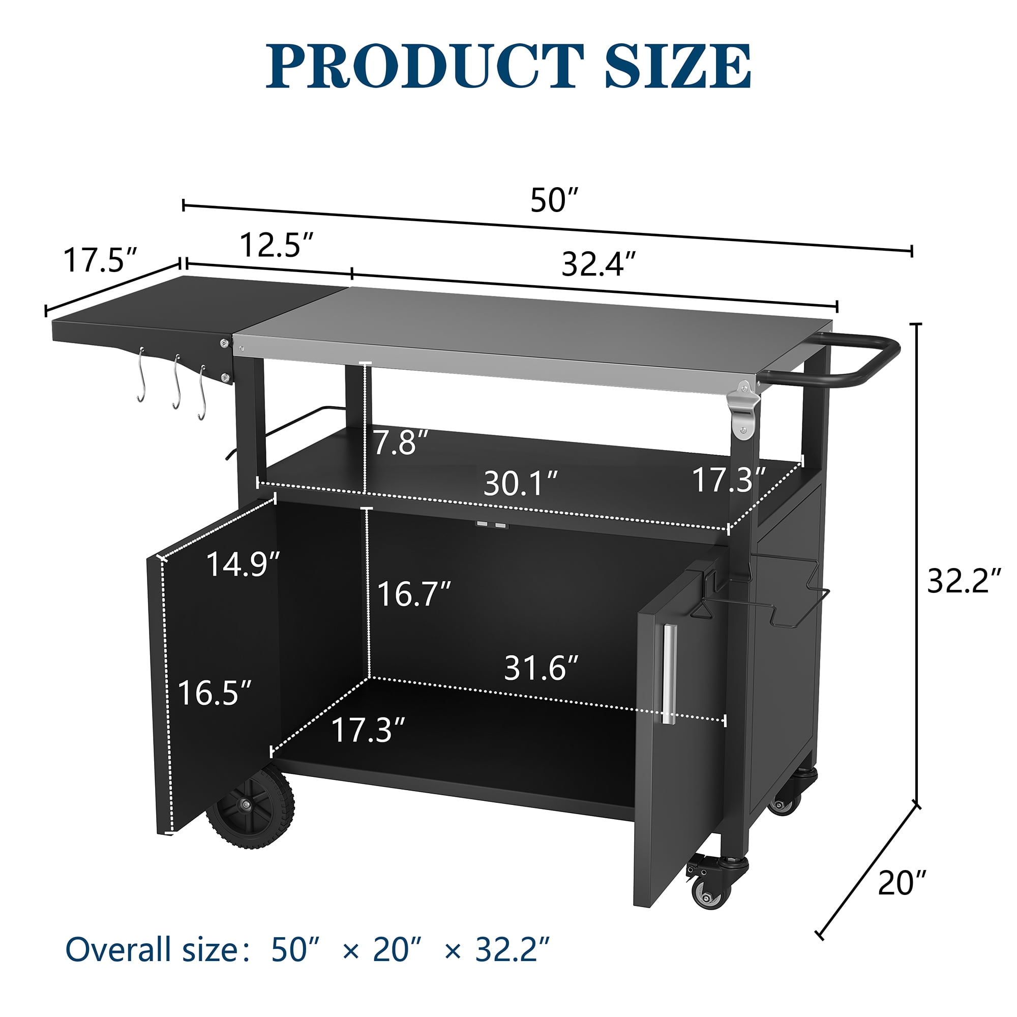 Walsunny Outdoor Grill Cart with Storage Cabinet, Outdoor Kitchen Island on Wheels, BBQ Grill Prep Table Movable Patio Storage Counter Foldable Tabletop, Black