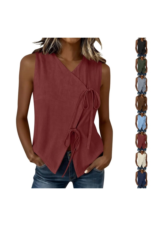 Women's Cotton and Linen Vest Side Tie Sleeveless V-Neck Wrap Tank Tops Dressy Work Office Business Casual Going Out Tops