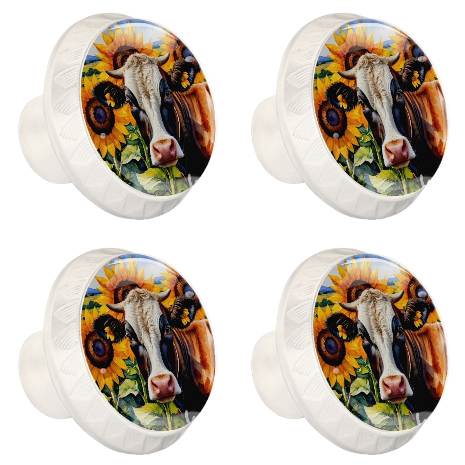 4 Pcs Cow and Sunflower Knobs for Kitchen Cabinet Cupboard Dresser Bookcase Drawer Pulls Handles Round Home Decor