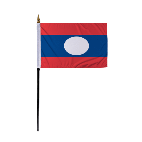 Promopatriot Small Laos Country Stick Flag 4x6 inch 11" Plastic Stick Polyester Fabric Stitched Edges Hand Held Mini Small Stick Flags